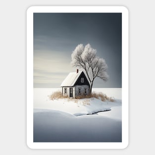 Minimalist Winter Landscape Isolated Cottage Snow Covered Tree Sticker